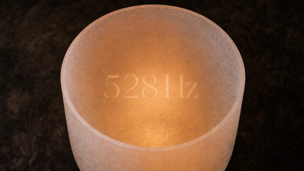 Close-up of a singing bowl with the number 528 Hz overlaid, dark atmospheric background