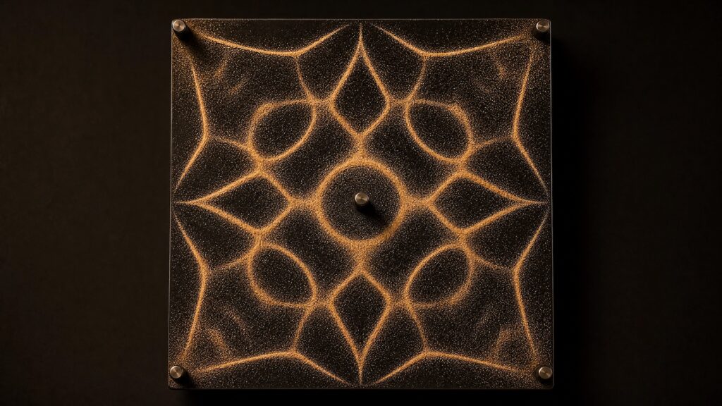Chladni plate experiment showing sand forming geometric cymatics pattern in response to sound frequency
