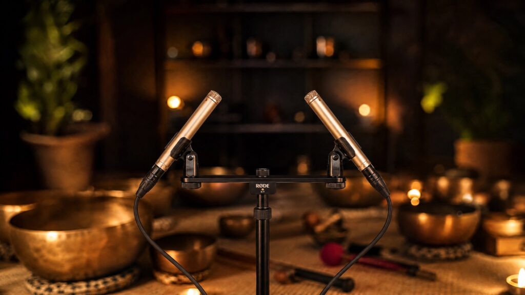 Two condenser microphones in stereo position in a softly lit sound healing room with singing bowls in the background