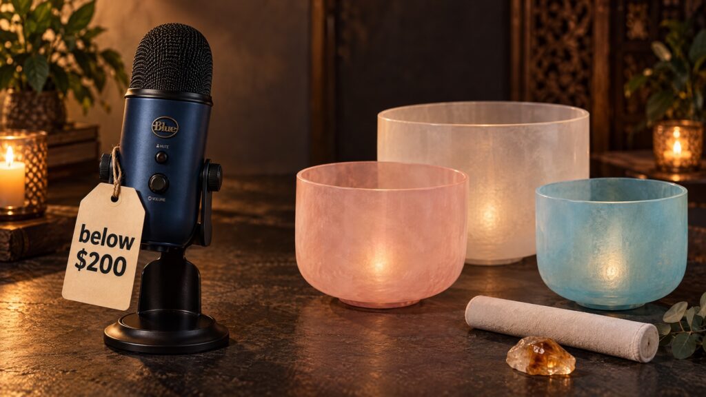 Microphone with price tag of below $200 on it next to crystal singing bowls